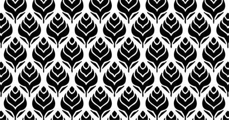 Seamless abstract floral-inspired black and white pattern with ornamental shapes for decoration and background use.
