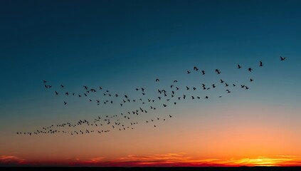 A breathtaking sunset view of a large flock of birds in flight
