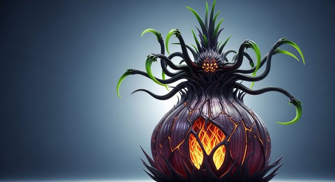 Dark Fantasy Creature Glowing with Orange Flame on Blue Backdrop