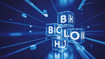 Fototapeta premium Futuristic cube blockchain network digital technology abstract background floating in space with virtual data nodes and light rays.