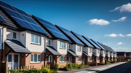 A row of houses with solar panels on the roof, set against a clear blue sky with a few scattered clouds.