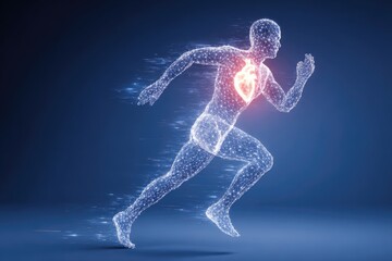 Running, glowing, heart, wireframe