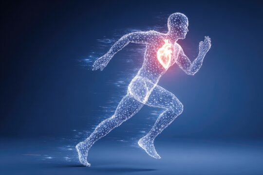 Running, glowing, heart, wireframe
