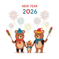 Festive Bear Family Celebrating New Year 2026 with Fireworks.