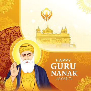 Guru nanak dev ji with golden temple and khanda symbol