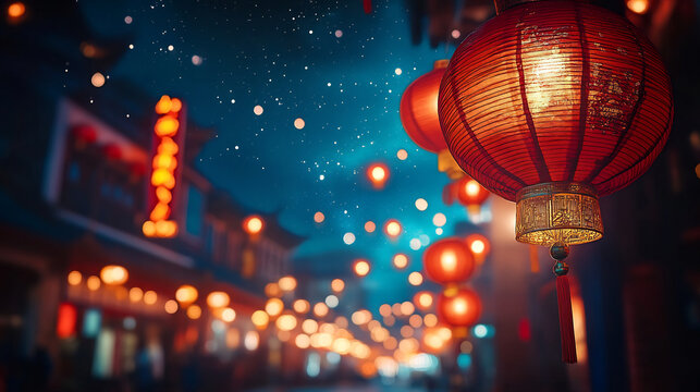 Red lanterns illuminate vibrant urban street during Chinese New Year, creating festive and joyful atmosphere with glowing lights and traditional decorations at night