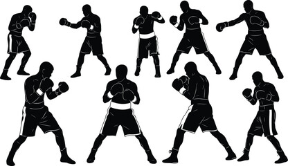 Set of Black Boxing Silhouettes in Various Poses on White Background boxer fighter