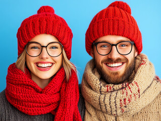 Cheerful couple in red winter hats and glasses smiling warmly, wearing cozy knit scarves and sweaters against blue background, expressing happiness and togetherness