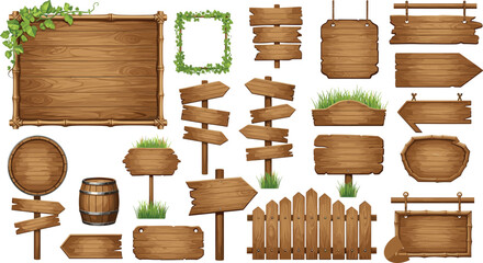 Naklejka premium Cartoon wooden signs, blank wood boards, rustic arrows, vintage planks, vector elements, isolated icons, nature frames, fence, barrel, grass
