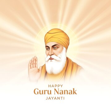 Portrait of guru nanak dev ji with radiant light and greeting