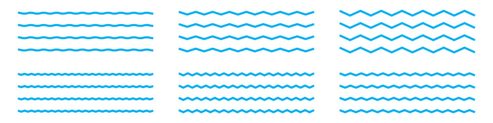 Vector wavy and zigzag horizontal underline. Waves line set. Set of wavy lines. Wave line set. Vector water waves.