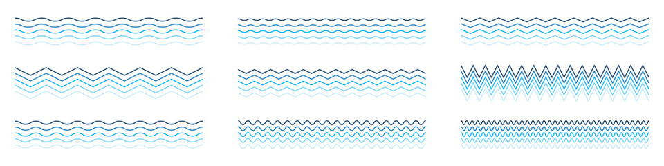 Set of wavy zigzag lines. Wave thin line background. Vector zigzag and wavy blue horizontal underline. Vector illustration 