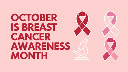 Vector art of october is breast cancer awareness month text with pink ribbons and microscope, highlighting research and early detection efforts