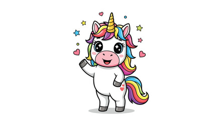 Naklejka premium Cute unicorn waves hello with colorful mane. Fantasy animal, cartoon mascot, fairy tale, magic, kawaii, cartoon, cheerful, fun