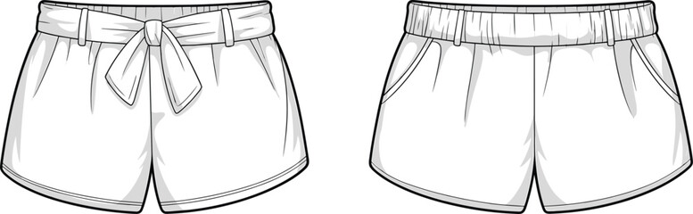 Flat vector sketch of women’s bow tie waistband shorts with elastic back, front and back fashion design for apparel template.