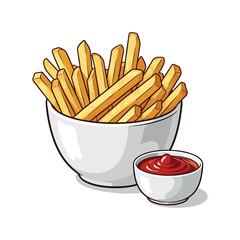 Golden french fries in a white bowl with a small dish of ketchup potato fast food