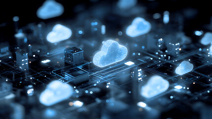 Abstract glowing blue clouds of data over a futuristic circuit board