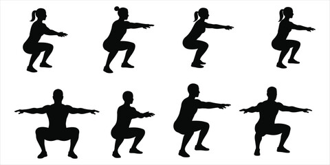 Silhouette Set of Men and Women Performing Squats exercise fitness
