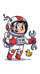 Obraz premium Astronaut kid gives thumbs up, holds wrench. Cartoon space repair, exploration, cute, cosmic, maintenance, childhood, fantasy.