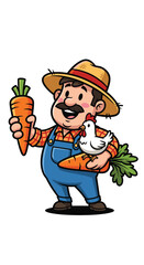Naklejka premium Cartoon farmer holds carrots and a chicken. Agriculture, farming, harvest, produce, livestock, rural life, cartoon, mascot.