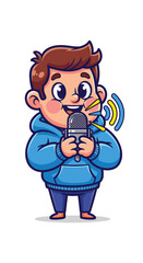 Boy in hoodie sings into microphone. Vocal performance, podcast, broadcast, streaming, music, voice, sound, technology, entertainer, communication, speaking