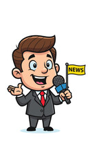 Cartoon reporter holds mic with news flag. Journalism, broadcasting, media, news, communication, information, presentation, announcement, press, illustration.