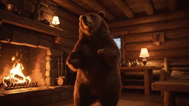 Warm cabin interior is presented where a bear is seen dancing as soft dust motes float in golden firelight