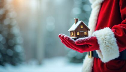 Santa Claus' hand holding a toy house in the palm of his hand