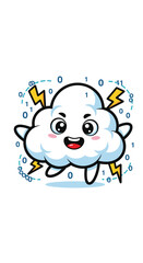 Obraz premium Cloud cartoon with lightning bolts surrounded by binary. Data, computing, cloud computing, technology, networking, innovation, artificial intelligence