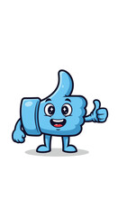 Cute thumbs up mascot character smiles. Cartoon, icon, symbol, emoji, like, agree, success, approval, positive, support.