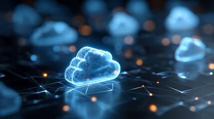 Glowing blue digital cloud network with interconnected nodes and bokeh lights