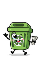 Recycling bin cartoon brings news. Animated, character, green, paper, waste, container, conservation, eco-friendly.