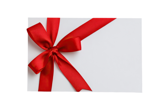 A blank, white gift card or note, adorned with a vibrant red ribbon bow