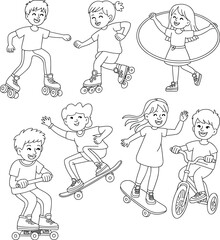 Happy children playing outdoors, roller skating, skateboarding, cycling, jumping, smiling kids, active lifestyle, black and white cartoon illustration, fun activity