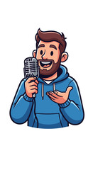 Man in hoodie speaks into microphone. Podcasting, interview, broadcasting, talk show, presenter, communication, media, voiceover, hosting, recording studio