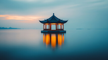 Dreamy Chinese pavilion reflected on tranquil lake at sunset, serene water, soft light, peaceful atmosphere, traditional architecture, calm evening