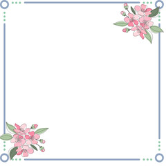 A charming vector illustration of a decorative square frame with beautiful pink spring flowers in the corners, perfect for invitations and greetings
