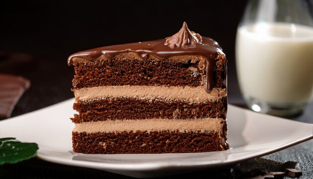 decadent chocolate cake slice with milk dessert indulgence a close up shot of a single rich slice of three layer chocolate cake generously frosted with glossy chocolate icing
