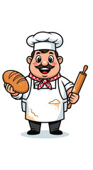 Chef holds bread and rolling pin. Cartoon baker, food preparation, cooking, bakery, professional