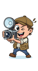 Cartoon photographer winks while taking a picture. Photography, journalist, camera, illustration, cartoon, profession, paparazzi, press, news, media, photojournalism.