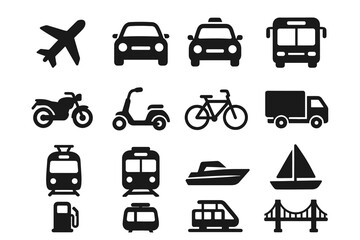 Set of transportation icons: airplane, car, motorcycle, bicycle, train, boat, bus, bridge