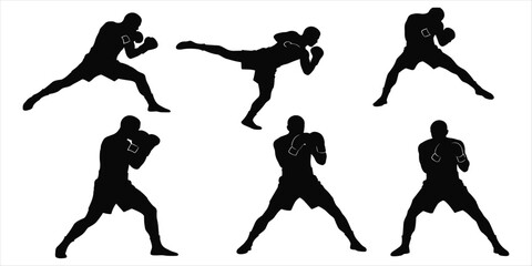Six Black Silhouettes of Boxers in Various Poses on White Background boxing fighter