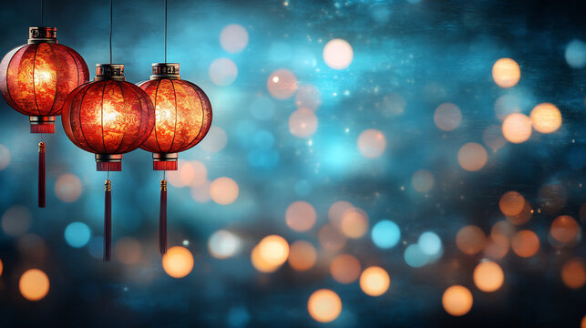Red lantern traditional decoration glowing light festive night Chinese New Year celebration blue bokeh elegant cultural joyful atmosphere