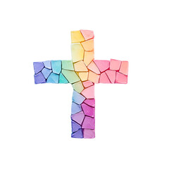 Rainbow Mosaic Cross: A vibrantly colorful mosaic cross is made up of numerous tiles, each displaying a unique hue. this image is more than just design, it's a visual symphony of faith and diversity.
