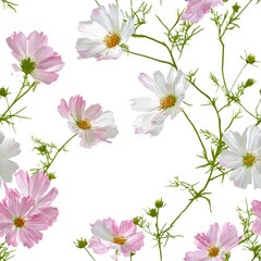 Delicate cosmos flowers in shades of pink and white with thin green stems and leaves, scattered across a white background.
