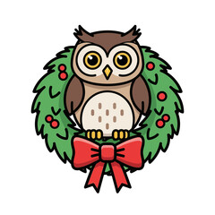 Cartoon Owl in Christmas Wreath with Red Bow Decoration