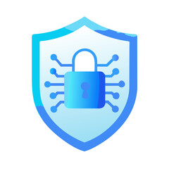 Obraz premium Flat vector icon of a shield with a digital lock in the center, tech blue gradient, clean minimal style, isolated on transparent background