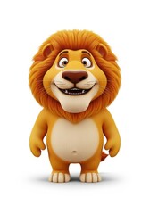 A cute, cartoon lion with a full mane, standing upright, and smiling. The stylized character is friendly, with bright colors and smooth textures, against a clean white backdrop