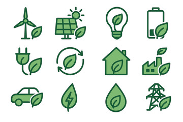 Green energy icons: wind, solar, recycling, and sustainable solutions