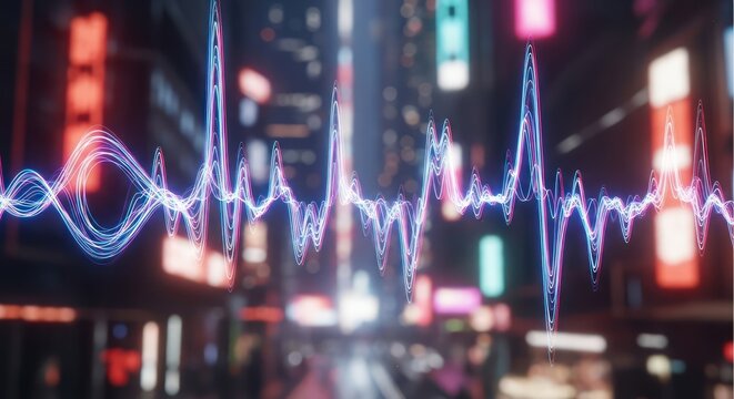 A pulsating blue waveform overlayed on a blurred cityscape at night, suggesting technology, data, or communication in an urban environment.